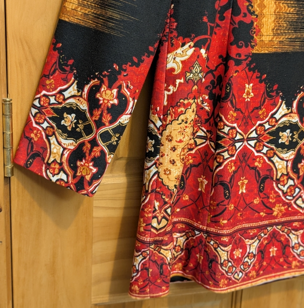 Chico's Printed Statement Jacket Sz 0 Small Blazer Black Red Art to Wear Asian - Picture 9 of 13
